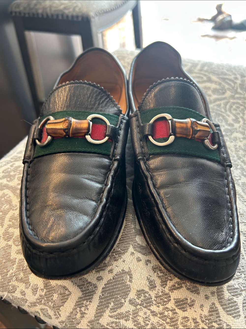 Gucci Black Leather Loafers with Green and Red Web and Bamboo Bit Detail